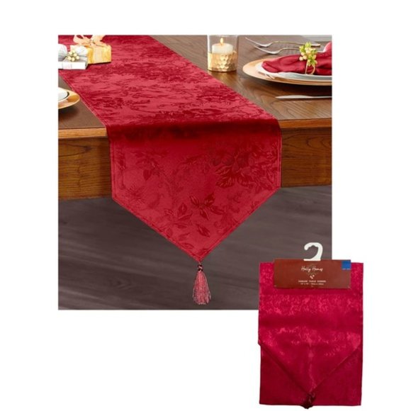 Christmas Silky Damask Table Runner Holly Homes Holiday Red Tassels 13” x 72 in - Picture 11 of 11